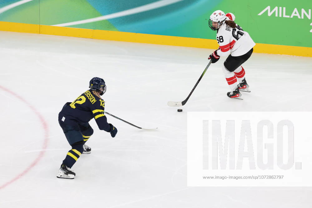 Ice hockey, Eishockey - Milano Cortina 2026 Winter Olympics: Day 13 In Milan, Italy, on February 19, 2026, Nylen Persson Maja and Balzer Leoni participate in the Ice Hockey Women Switzerland vs. Sweden Bronze Medal Game on day thirteen of the Milano Cortina 2026 Winter Olympic Games, Olympische Spiele, Olympia, OS at Milano Santagiulia Ice Hockey Arena Milano Italy