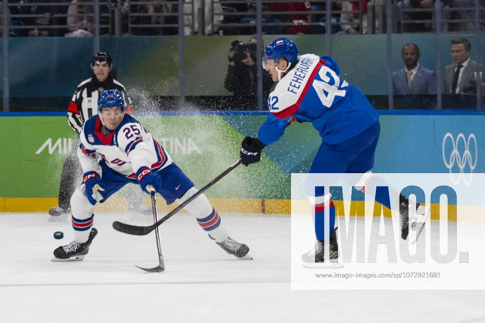 Ice hockey, Eishockey - Milano Cortina 2026 Winter Olympics: Day 14 Charlie McAvoy, Martin Fehervary during the Men s Playoffs Semi-final match between USA and Slovakia of the Milano Cortina 2026 Winter Olympic Games, Olympische Spiele, Olympia, OS at Milano Santagiulia Ice Hockey Arena on February 20, 2026 in Milan, Italy. Milano Italy
