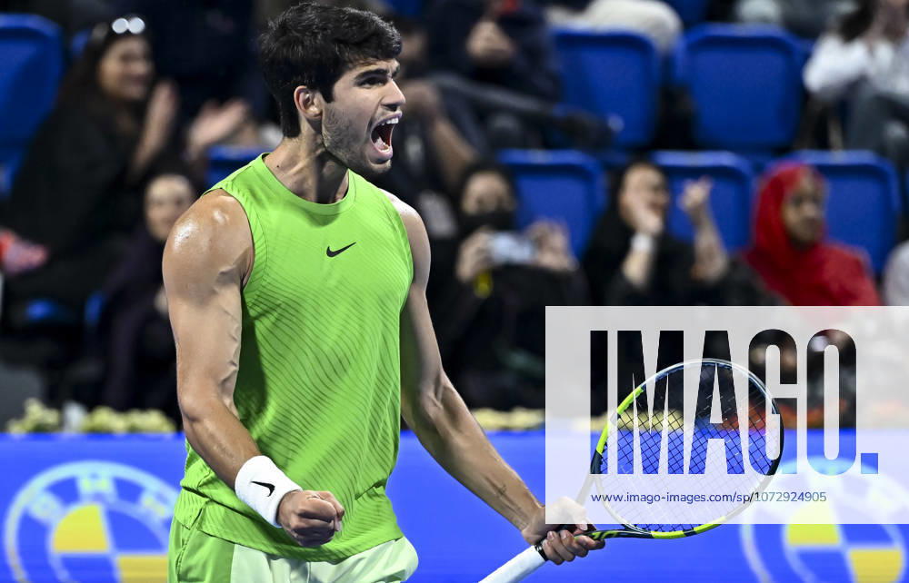 ATP, Tennis Herren Qatar Exxonmobil Open-semi-final Carlos Alcaraz of Spain celebrates after winning against Andrey Rublev of Russia in the semi-final at the ATP men s Qatar ExxonMobil Open 2026 tennis tournament at the Khalifa International Tennis Complex in Doha, Qatar, on February 20, 2026. DOHA Qatar