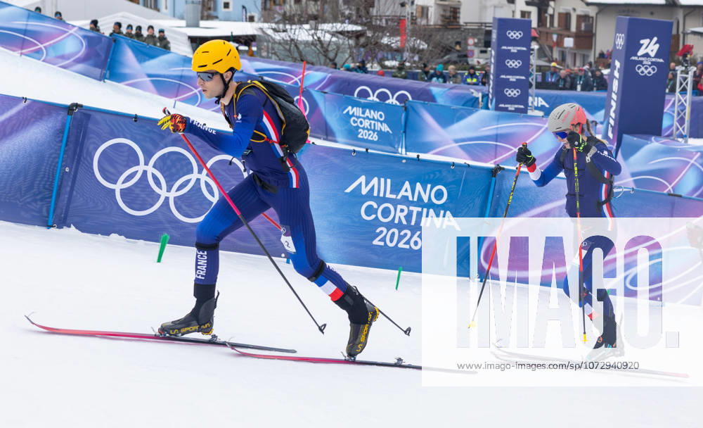 OLYMPICS - Winter Olympic Games, Olympische Spiele, Olympia, OS Milano Cortina 2026 BORMIO,ITALY,21.FEB.26 - OLYMPICS, SKI MOUNTAINEERING - Winter Olympic Games Milano Cortina 2026, Skicross, mixed relay, final. Image shows Thibault Anselmet and Emily Harrop (FRA). GEPAxpictures xHaraldxSteiner