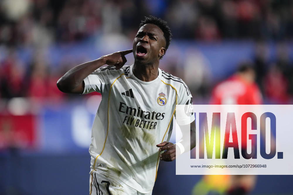 CA Osasuna v Real Madrid CF - LaLiga EA Sports Vinicius Junior left winger of Real Madrid and Brazil.celebrates after scoring his sides first goal during the LaLiga EA Sports match between CA Osasuna and Real Madrid CF at Estadio El Sadar on February 21, 2026 in Pamplona, Spain. Pamplona Spain