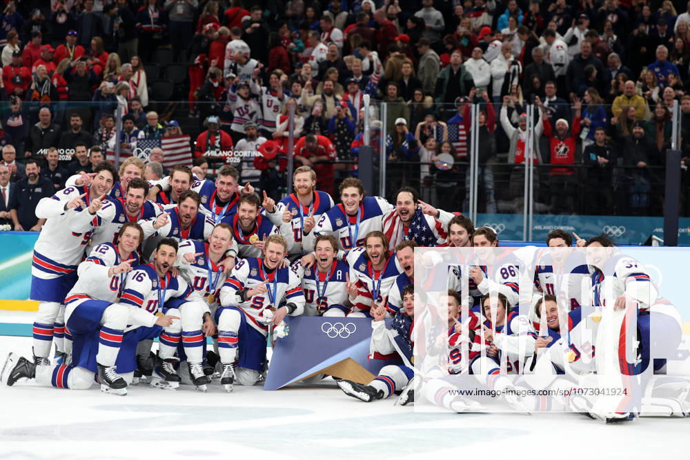 Milano Cortina 2026, Milan, Italy, 22.02, 2026, MiCo2026, MiCo, 2026, Olympics, Olympic, Winter Olympic, Olympic Winter games, Winterspiele,Spiele, Summer games Ice hockey, Eishockey hockey, USA, Canada, final United States team players celebrate after their Ice Hockey final game between Canada and United States of Milano Cortina 2026 Olympic Winter Games in Milan, Italy, 22.02.2026. Photo: Roman Koksarov (RKF) Milan Italy
