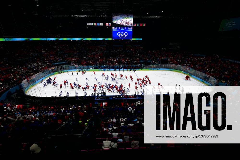 HOCKEY SUR GLACE JO MILAN CORTINA 2026 2026 CANADA ETATS UNIS 1 2 ap SANTAGIULIA ICE HOCKEY ARENA MILAN ITALIE 22 02 2026 PAPON BERNARD general view of the ice rink with overlay effect MILAN SANTAGIULIA ICE HOCKEY ARENA Italie GermanyxJapanxUKxFrancexBelgiumxOUT