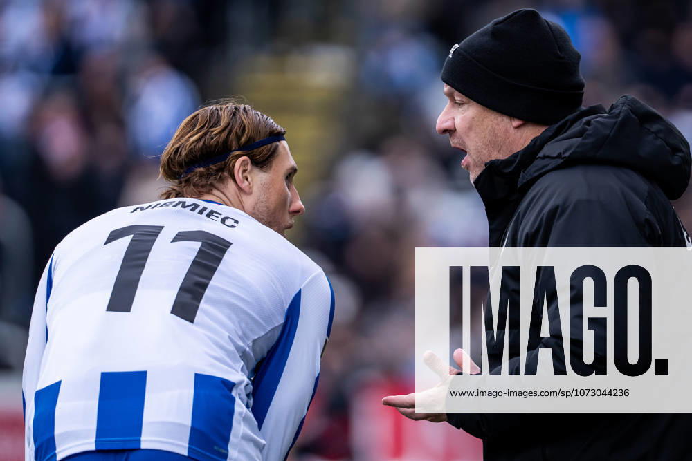 Odense BK v FC Copenhagen, 3F Superliga football, Odense, Denmark Odense, Denmark. 21st, February 2026. Head coach Alexander Zorniger of Odense BK seen with Jona Niemiec (11) during the 3F Superliga match between Odense BK and FC Copenhagen at Nature Energy Park in Odense. Denmark, Odense