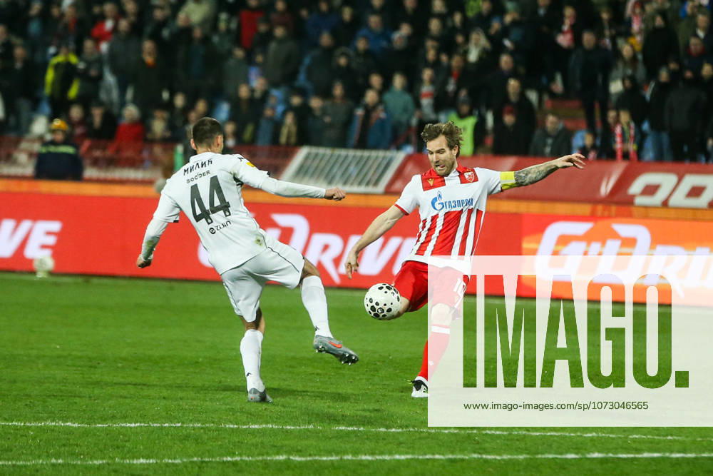 Crvena Zvezda v Partizan - Serbian SuperLiga BELGRADE, SERBIA - FEBRUARY 22: Aleksandar Katai (10) of Crvena Zvezda in action against Stefan Milic (44) of Partizan during the Serbian SuperLiga football match between Crvena Zvezda and Partizan at Rajko Mitic Stadium in Belgrade, Serbia on February 22, 2026. Filip Stevanovic Anadolu Belgrade Serbia. Editorial use only. Please get in touch for any other usage.