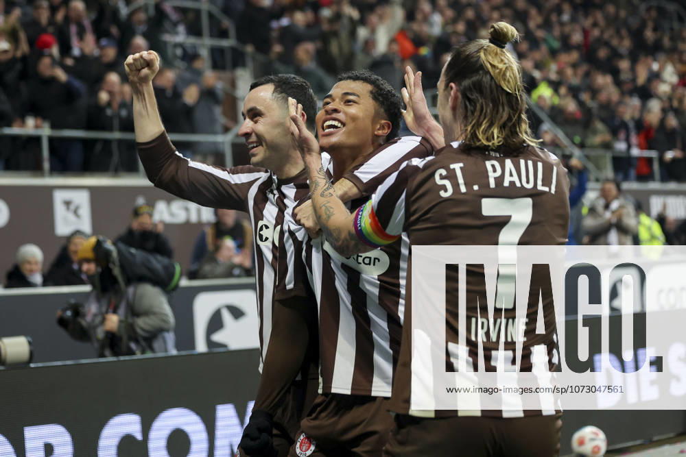 Joel Chima Fujita FC St Pauli celebrates scoring his teams second goal with Manolis Saliakas FC St Pauli and Jackson Irvine FC St Pauli , Bundesliga, FC St Pauli v SV Werder Bremen, Millerntor Stadion, February 22, 2026 in Hamburg, Germany Photo by Marco Steinbrenner DeFodi Images Joel Chima Fujita FC St Pauli celebrates after scoring his teams second goal with Manolis Saliakas FC St Pauli and Jackson Irvine FC St Pauli , Bundesliga, FC St Pauli v SV Werder Bremen, Millerntor Stadion, February 22, 2026 in Hamburg, Germany Photo by Marco Steinbrenner DeFodi Images DFL regulations prohibit any use of photographs as image sequences and or quasi video