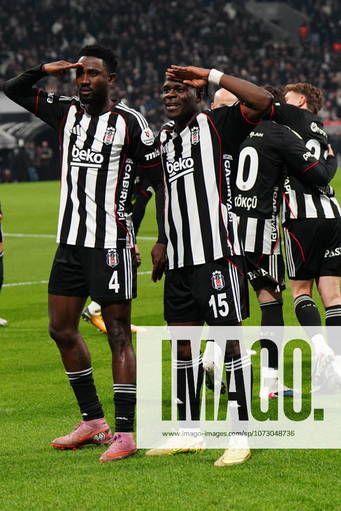 Wilfred Ndidi (4) of Besiktas celebrates after scoring the first goal of his team with Junior Olaitan (R) during the Trendyol Turkish Süper League match between Besiktas JK and Göztepe SK at Tupras Stadium on February 22, 2026 in Istanbul, Turkey. (Photo by Seskimphoto ) Besiktas v Goztepe - Turkish Super League
