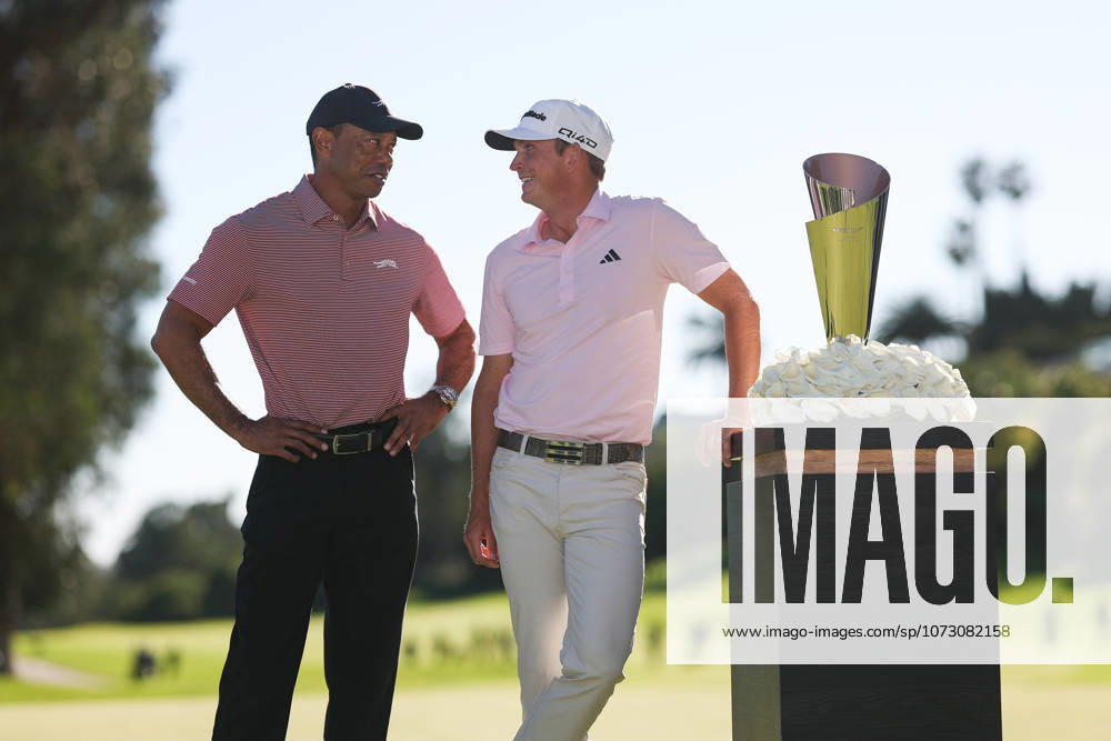 Tournament host TIGER WOODS talks to tournament winner JACOB BRIDGEMAN during the trophy ceremonies after the Genesis Invitational at the Riviera Country club in Pacific Palisades, California. Golf_PGATour_GenesisInvitational_FinalRound - ZUMAt158 20260222_zsp_t158_171