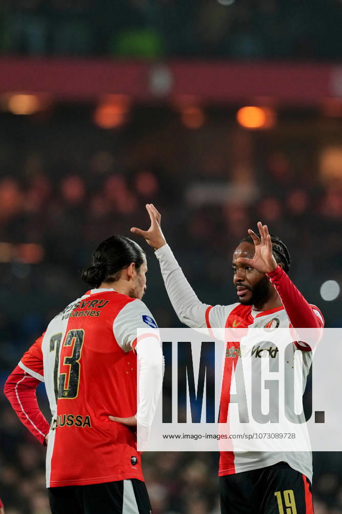 Eredivisie: Feyenoord Rotterdam v Telstar Rotterdam - Anis Hadj Moussa of Feyenoord, Raheem Sterling of Feyenoord during the twenty-fourth competition round of the 2025 2026 Eredivisie season. The match is set between Feyenoord Rotterdam and Telstar at Stadion Feijenoord De Kuip on 22 February 2026 in Rotterdam, The Netherlands.