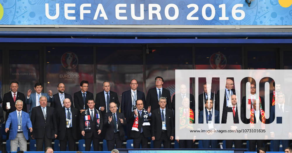 Portugal wins UEFA EURO, EM, Europameisterschaft,Fussball 2016 PARIS, FRANCE - JULY 10: French President Francois Hollande, FIFA President Gianni Infantino, President of Portugese Football Federation Fernando Gomes, Portugal s President Marcelo Rebelo de Sousa, UEFA acting President Angel Maria Villar and Prince of Monaco Albert II watch the Euro 2016 final football match between Portugal and France at the Stade de France in Saint-Denis, north of Paris, France on July 10, 2016. Ile-de-France France. Editorial use only. Please get in touch for any other usage.