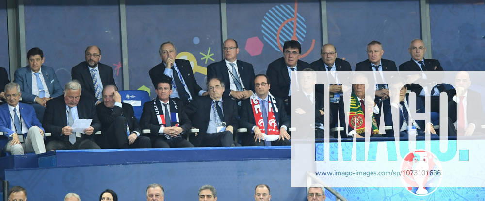 Portugal wins UEFA EURO, EM, Europameisterschaft,Fussball 2016 PARIS, FRANCE - JULY 10: French President Francois Hollande, FIFA President Gianni Infantino, President of Portugese Football Federation Fernando Gomes, Portugal s President Marcelo Rebelo de Sousa, UEFA acting President Angel Maria Villar and Prince of Monaco Albert II watch the Euro 2016 final football match between Portugal and France at the Stade de France in Saint-Denis, north of Paris, France on July 10, 2016. Ile-de-France France. Editorial use only. Please get in touch for any other usage.