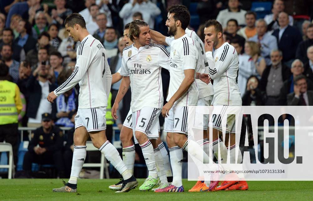 Real Madrid CF v UD Almeria - La Liga MADRID, SPAIN - APRIL 29: Alvaro Arbeloa (2nd R) of Real Madrid CF celebrates with his teammates after scoring a goal during the La Liga match between Real Madrid CF and UD Almeria at Estadio Santiago Bernabeu on April 29, 2015 in Madrid, Spain. Evrim Aydin Anadolu Agency Madrid Spain. Editorial use only. Please get in touch for any other usage.