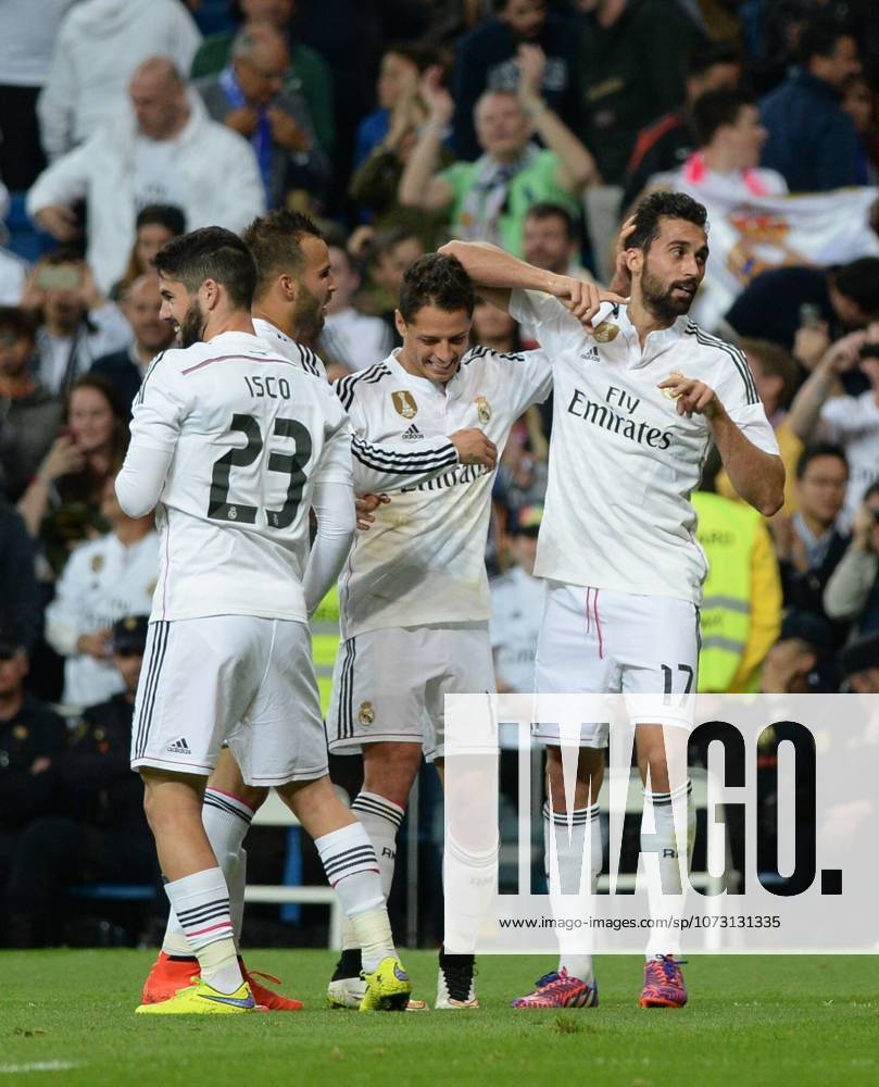 Real Madrid CF v UD Almeria - La Liga MADRID, SPAIN - APRIL 29: Alvaro Arbeloa (R) of Real Madrid CF celebrates with his teammates after scoring a goal during the La Liga match between Real Madrid CF and UD Almeria at Estadio Santiago Bernabeu on April 29, 2015 in Madrid, Spain. Evrim Aydin Anadolu Agency Madrid Spain. Editorial use only. Please get in touch for any other usage.