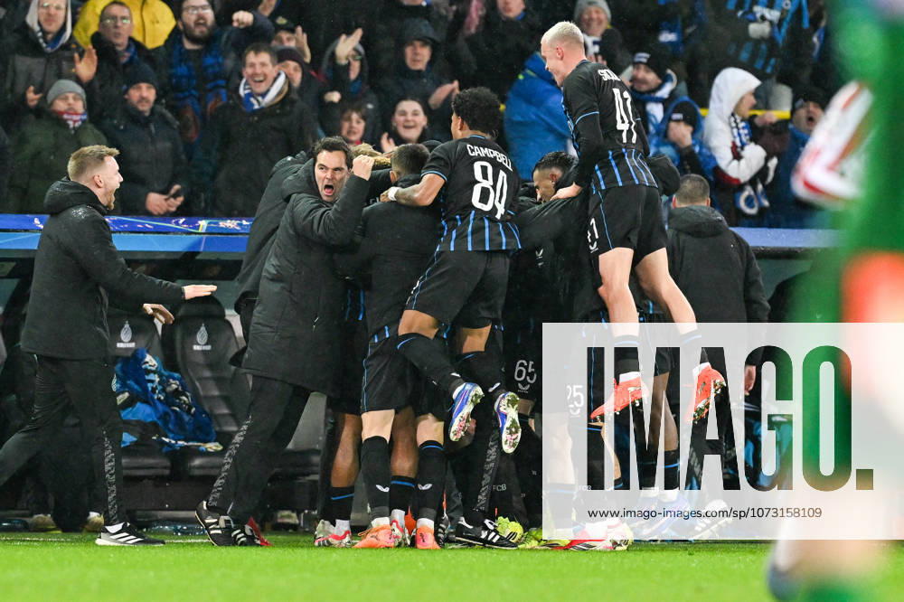 Club Brugge vs Atletico Madrid Christos Tzolis (8) of Club Brugge celebrates with his teammates after scoring the 3-3 equalizer goal during the Uefa Champions League Knock Out play offs first leg in season 2025 - 2026 between Club Brugge KV and Atletico de Madrid on February 18 , 2026 in Brugge, Belgium. (Photo by David Catry Isosport) Brugge Belgium