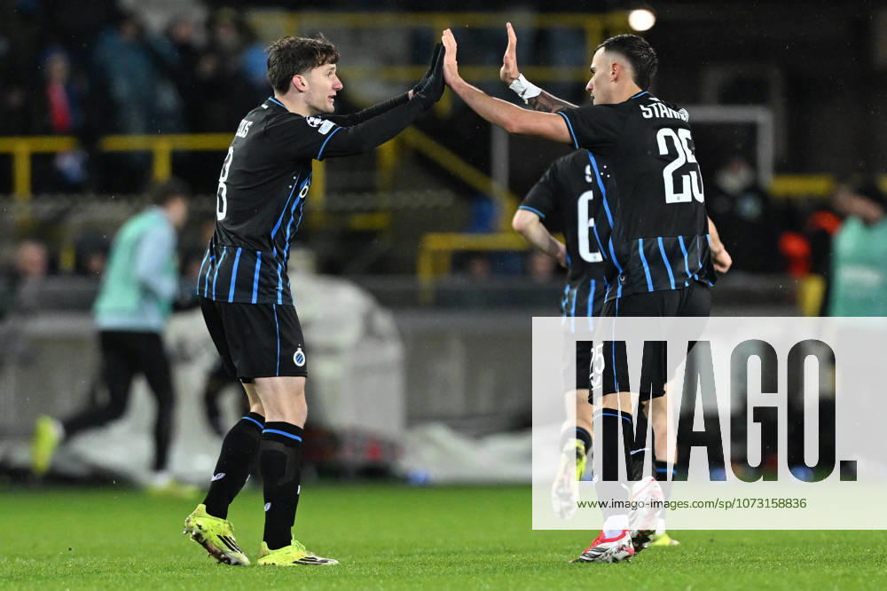 Club Brugge vs Atletico Madrid Christos Tzolis (8) of Club Brugge and Aleksandar Stankovic (25) of Club Brugge pictured during the Uefa Champions League Knock Out play offs first leg in season 2025 - 2026 between Club Brugge KV and Atletico de Madrid on February 18 , 2026 in Brugge, Belgium. (Photo by David Catry Isosport) Brugge Belgium