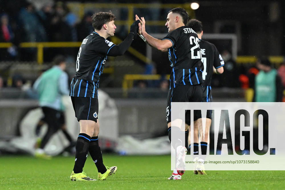 Club Brugge vs Atletico Madrid Christos Tzolis (8) of Club Brugge and Aleksandar Stankovic (25) of Club Brugge pictured during the Uefa Champions League Knock Out play offs first leg in season 2025 - 2026 between Club Brugge KV and Atletico de Madrid on February 18 , 2026 in Brugge, Belgium. (Photo by David Catry Isosport) Brugge Belgium