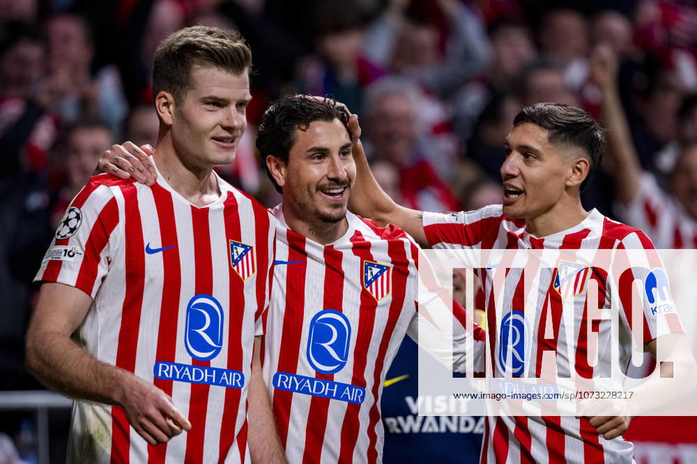 Atletico de Madrid v Club Brugge KV - UEFA Champions League 2025 26 League Knockout Play-off Second Leg Alexander Sorloth of Atletico de Madrid (L) celebrates his goal with Jose Maria Gimenez (C) and Nahuel Molina (R) of Atletico de Madrid during the UEFA Champions League 2025 26 League Knockout Play-off Second Leg match between Atletico de Madrid and Club Brugge KV at Estadio Riyadh Air Metropolitano on February 24, 2026 in Madrid, Spain. Madrid Estadio Riyadh Air Metropolitano Madrid Spain