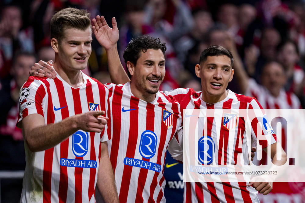 Atletico de Madrid v Club Brugge KV - UEFA Champions League 2025 26 League Knockout Play-off Second Leg Alexander Sorloth of Atletico de Madrid (L) celebrates his goal with Jose Maria Gimenez (C) and Nahuel Molina (R) of Atletico de Madrid during the UEFA Champions League 2025 26 League Knockout Play-off Second Leg match between Atletico de Madrid and Club Brugge KV at Estadio Riyadh Air Metropolitano on February 24, 2026 in Madrid, Spain. Madrid Estadio Riyadh Air Metropolitano Madrid Spain