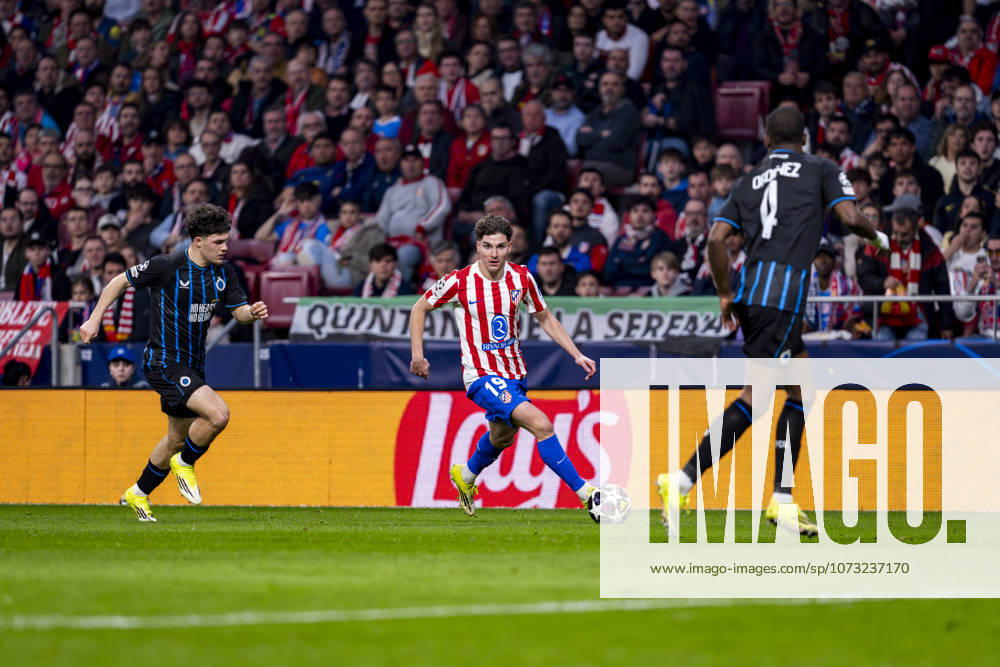 Atletico de Madrid v Club Brugge KV - UEFA Champions League 2025 26 League Knockout Play-off Second Leg Julian Alvarez of Atletico de Madrid (C) is in action with the ball during the UEFA Champions League 2025 26 League Knockout Play-off Second Leg match between Atletico de Madrid and Club Brugge KV at Estadio Riyadh Air Metropolitano on February 24, 2026 in Madrid, Spain. Madrid Estadio Riyadh Air Metropolitano Madrid Spain