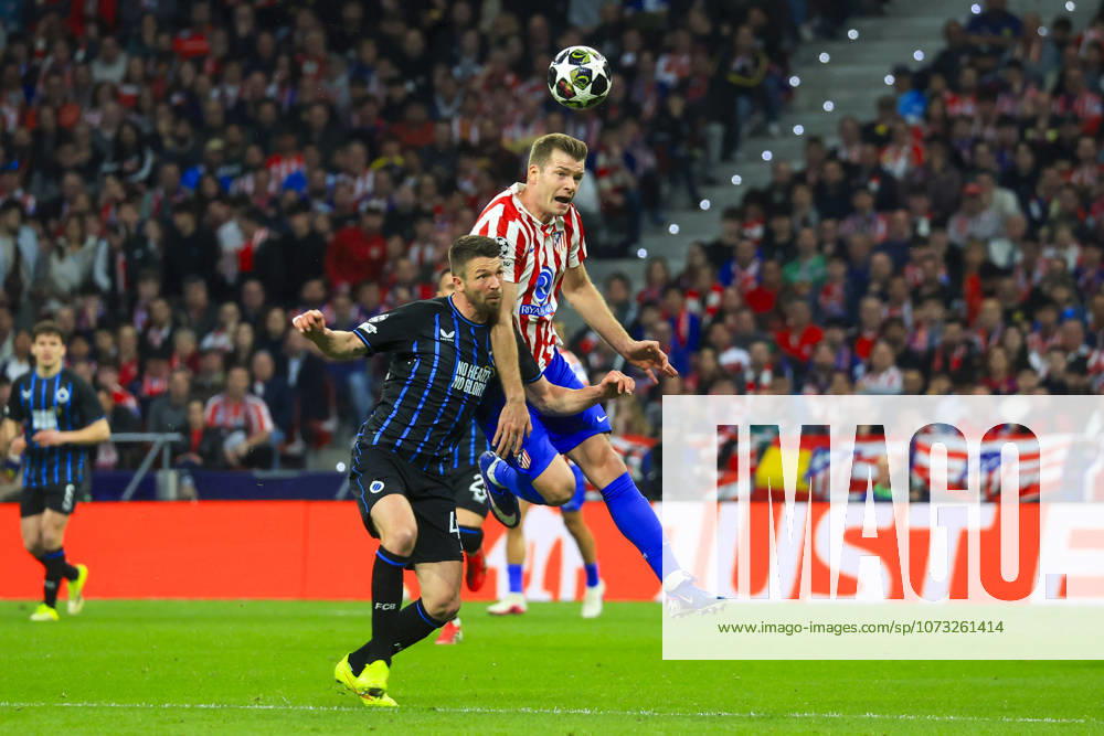 Spain - Atletico de Madrid vs Club Brugge KV - 24 02 2026 SPAIN, MADRID, FEBRUARY 24. Alexander Sorloth of Atletico de Madrid heads the ball under pressure from Brandon Mechele of Brugge during the UEFA Champions League Knockout Play-off Second Leg football match between Atletico de Madrid and Club Brugge KV at Estadio Riyadh Air Metropolitano on February 24, 2026 in Madrid, Spain. Photo by Manuel Blondeau AOP.Press Madrid Riyadh Air Metropolitano Spain