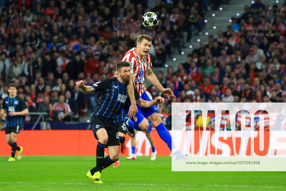 Spain - Atletico de Madrid vs Club Brugge KV - 24 02 2026 SPAIN, MADRID, FEBRUARY 24. Alexander Sorloth of Atletico de Madrid heads the ball under pressure from Brandon Mechele of Brugge during the UEFA Champions League Knockout Play-off Second Leg football match between Atletico de Madrid and Club Brugge KV at Estadio Riyadh Air Metropolitano on February 24, 2026 in Madrid, Spain. Photo by Manuel Blondeau AOP.Press Madrid Riyadh Air Metropolitano Spain