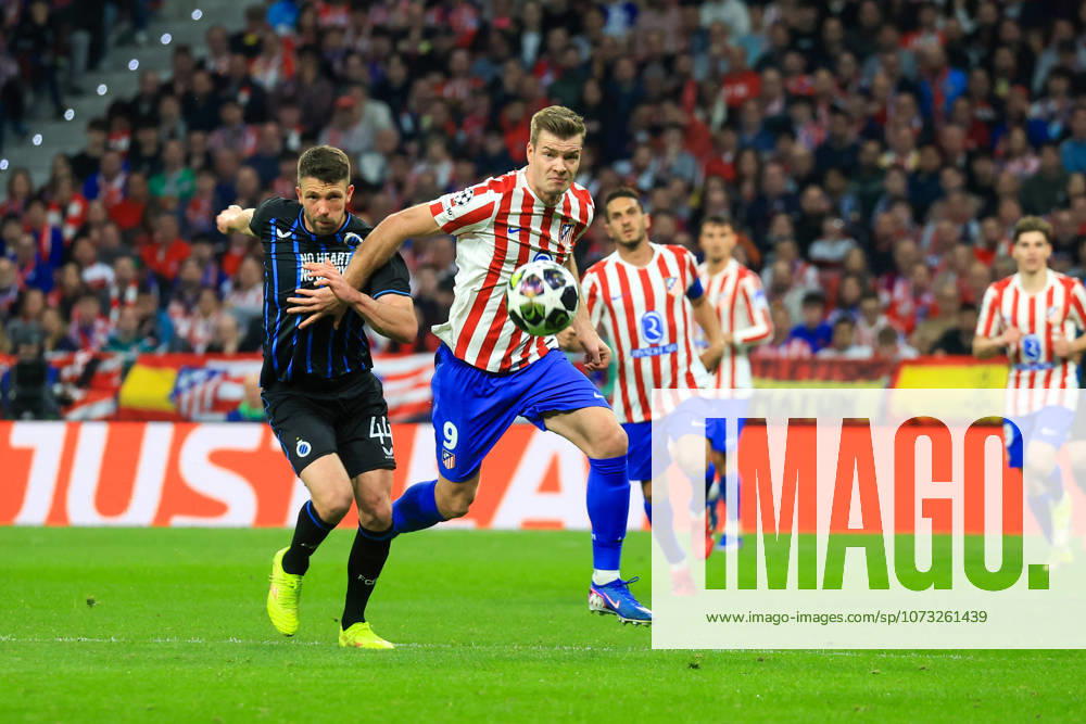 Spain - Atletico de Madrid vs Club Brugge KV - 24 02 2026 SPAIN, MADRID, FEBRUARY 24. Alexander Sorloth of Atletico de Madrid duels for the ball with Brandon Mechele of Brugge during the UEFA Champions League Knockout Play-off Second Leg football match between Atletico de Madrid and Club Brugge KV at Estadio Riyadh Air Metropolitano on February 24, 2026 in Madrid, Spain. Photo by Manuel Blondeau AOP.Press Madrid Riyadh Air Metropolitano Spain