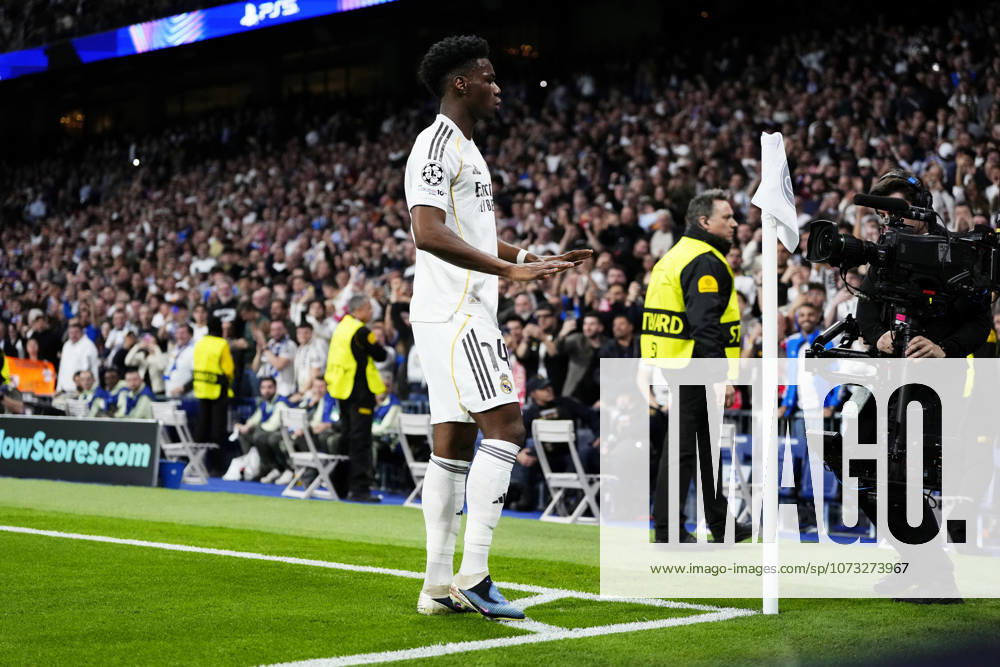Real Madrid C.F. v SL Benfica - UEFA Champions League 2025 26 League Knockout Play-off Second Leg Aurelien Tchouameni defensive midfield of Real Madrid and France celebrates after scoring his sides first goal during the UEFA Champions League 2025 26 League Knockout Play-off Second Leg match between Real Madrid C.F. and SL Benfica at Estadio Santiago Bernabeu on February 25, 2026 in Madrid, Spain. Madrid Spain