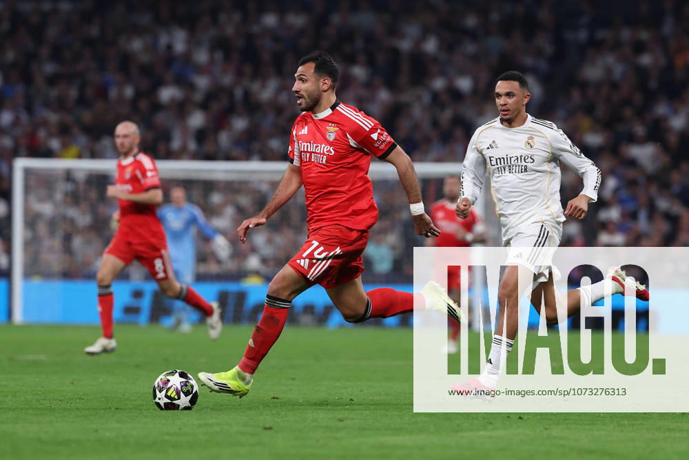 Madrid, Spain February 25, 2026 FBL UEFA Champions League 2025 26 Real Madrid SL Benfica Vangelis Pavlidis S L Benfica , Trent Alexander Arnold Real Madrid in action, with the ball during the UEFA Champions League 2025 26 knockout play offs match between Real Madrid and SL Benfica at the Santiago BernabÃ u Stadium on February 25, 2026 in Madrid, Spain