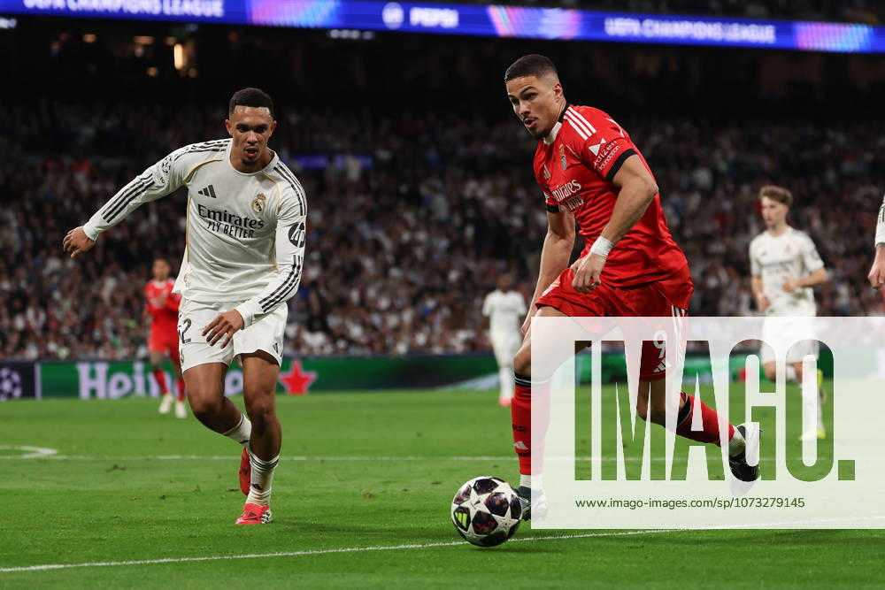 Madrid, Spain February 25, 2026 FBL UEFA Champions League 2025 26 Real Madrid SL Benfica Trent Alexander Arnold Real Madrid , Franjo Ivanovic S L Benfica in action, with the ball during the UEFA Champions League 2025 26 knockout play offs match between Real Madrid and SL Benfica at the Santiago BernabÃ u Stadium on February 25, 2026 in Madrid, Spain