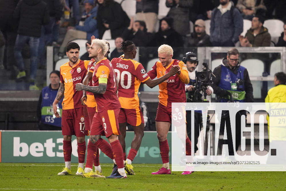 Galatasaray s Baris Yilmaz celebrates after scoring the 3-2 goal for his team during the Uefa Champions League soccer match between Juventus and Galatasaray at the Allianz Stadium in Turin, playoff 2 2, north west Italy - January 25, 2026. - Soccer