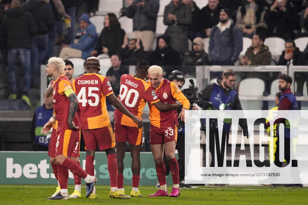 Galatasaray s Baris Yilmaz celebrates after scoring the 3-2 goal for his team during the Uefa Champions League soccer match between Juventus and Galatasaray at the Allianz Stadium in Turin, playoff 2 2, north west Italy - January 25, 2026. - Soccer