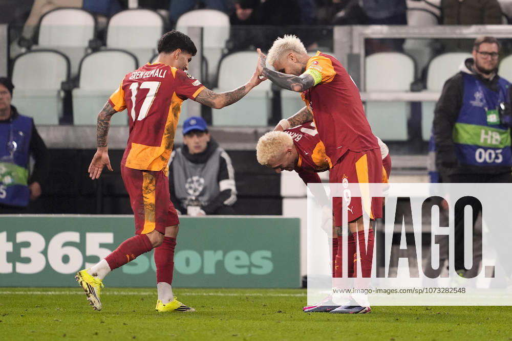 Galatasaray s Baris Yilmaz celebrates after scoring the 3-2 goal for his team during the Uefa Champions League soccer match between Juventus and Galatasaray at the Allianz Stadium in Turin, playoff 2 2, north west Italy - January 25, 2026. - Soccer