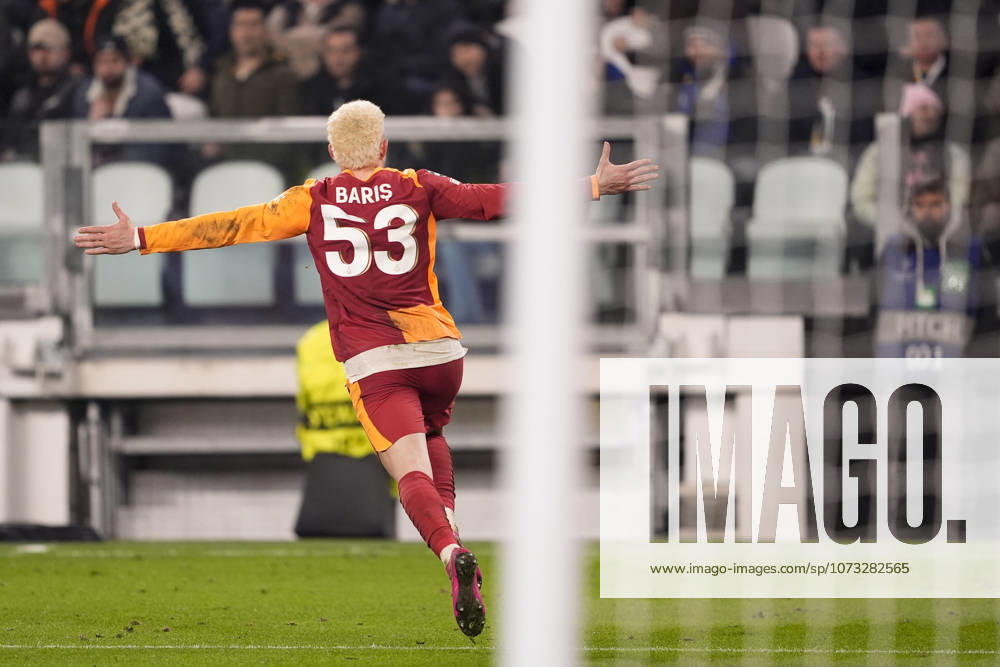 Galatasaray s Baris Yilmaz celebrates after scoring the 3-2 goal for his team during the Uefa Champions League soccer match between Juventus and Galatasaray at the Allianz Stadium in Turin, playoff 2 2, north west Italy - January 25, 2026. - Soccer