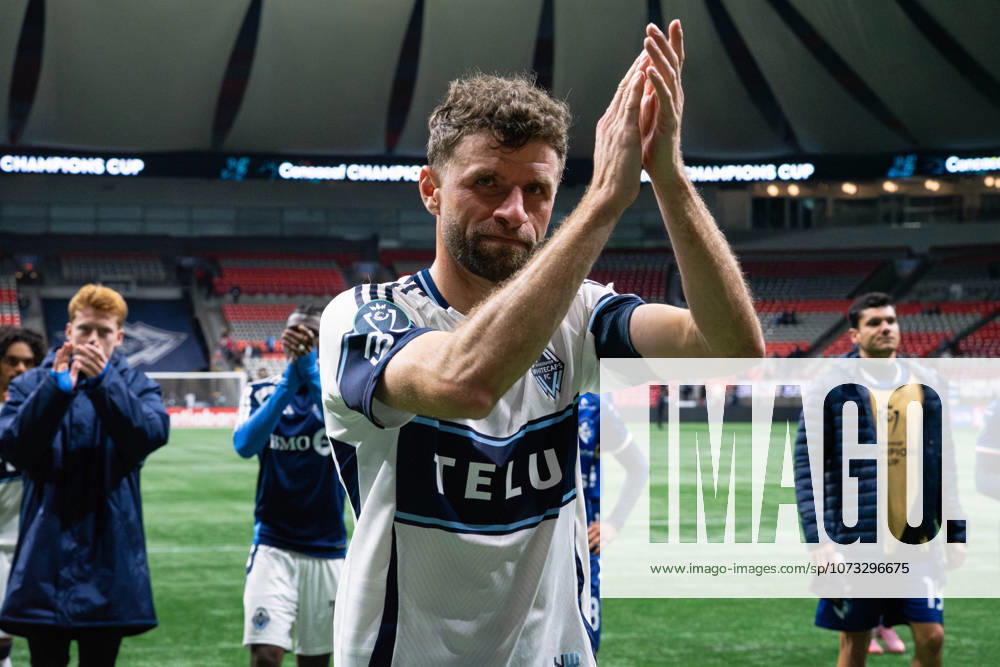 Thomas Muller (13 Vancouver Whitecaps FC) acknowledges fan supporters after winning the Concacaf Champions Cup Round One second match between Vancouver Whitecaps FC and CS Cartagines at BC Place Stadium in Vancouver, British Columbia, Canada (EDITORIAL USAGE ONLY).