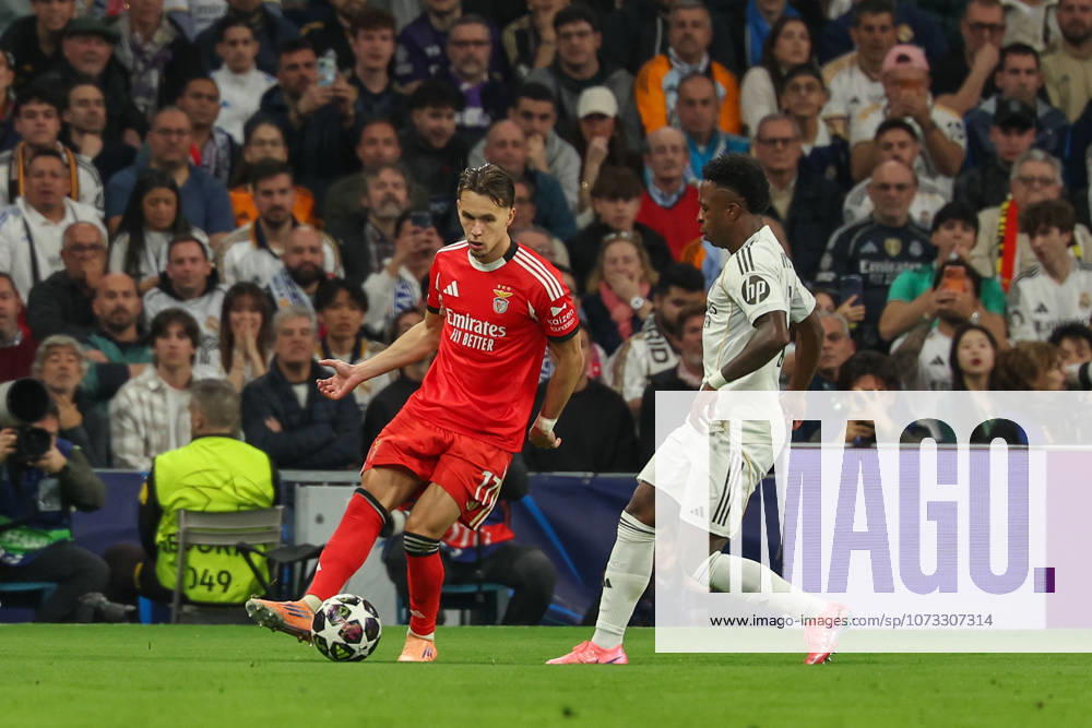 Madrid, Spain February 25, 2026 FBL UEFA Champions League 2025 26 Real Madrid SL Benfica Amar Dedic S L Benfica , Vinicius Junior Real Madrid in action, with the ball during the UEFA Champions League 2025 26 knockout play offs match between Real Madrid and SL Benfica at the Santiago Bernabà u Stadium on February 25, 2026 in Madrid, Spain