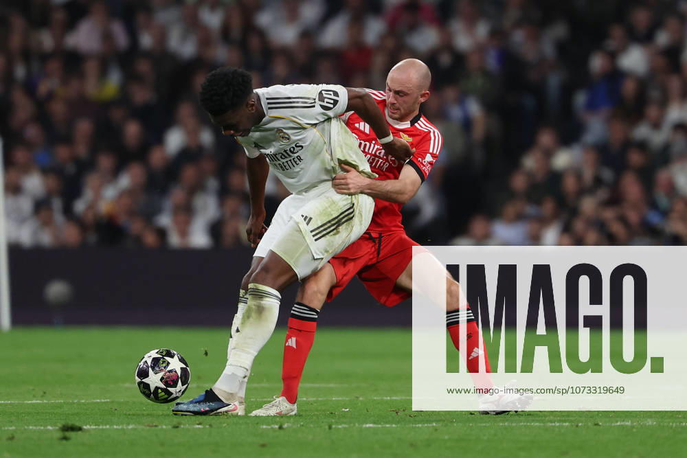 Madrid, Spain February 25, 2026 FBL UEFA Champions League 2025 26 Real Madrid SL Benfica Aurelien Tchouameni Real Madrid , Frederik Aursnes S L Benfica battles for the Ball during the UEFA Champions League 2025 26 knockout play offs match between Real Madrid and SL Benfica at the Santiago BernabÃ u Stadium on February 25, 2026 in Madrid, Spain