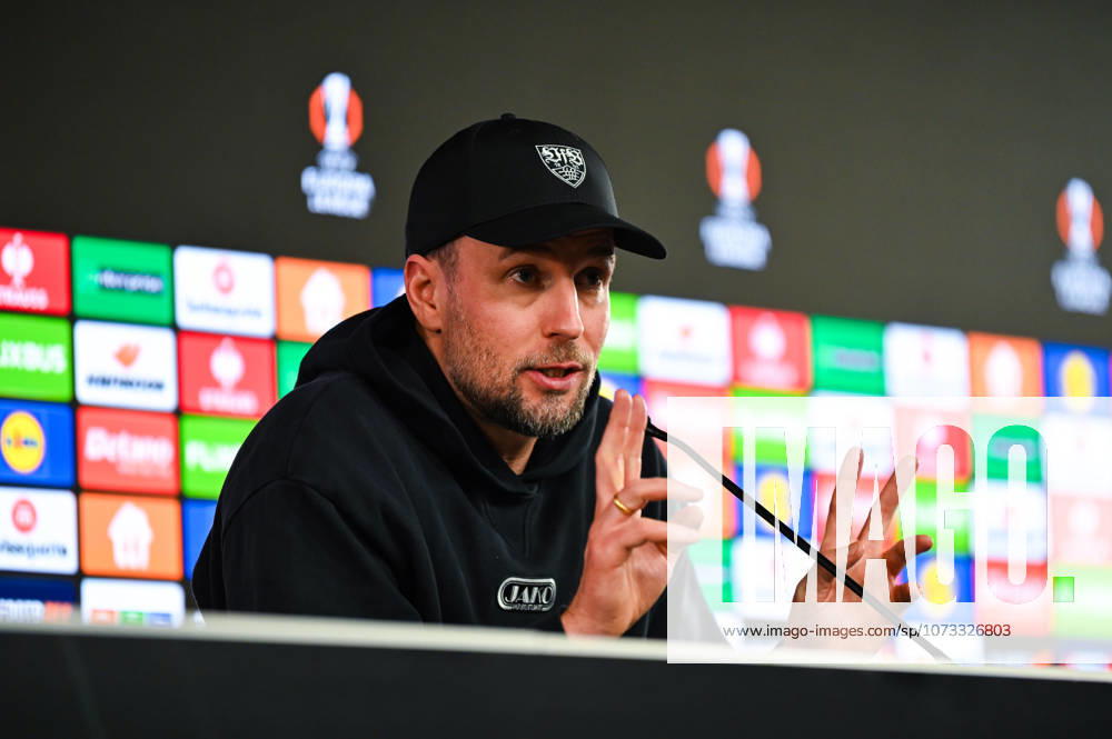 Head coach Sebastian Hoeness VfB Stuttgart speaks and gestures during the press conference after UEFA Europa League 2025 26 Knockout Play off Second Leg match between VfB Stuttgart and Celtic FC at Stuttgart Arena on February 26, 2026 in Stuttgart, Germany Photo by Silas Schueller DeFodi Images