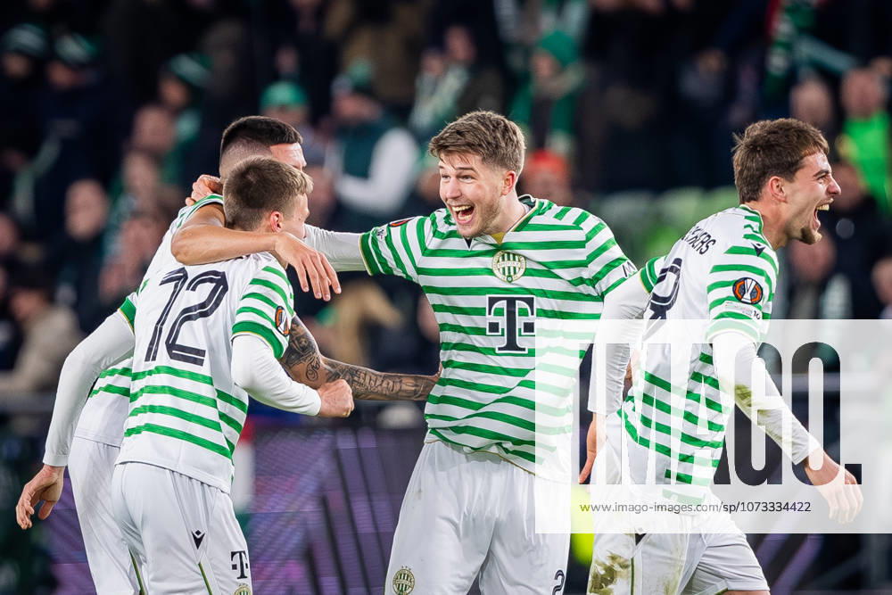 FERENCVAROS - LUDOGORETS Mariano Gomez, Toon Raemaekers, Gabor Szalai, Adam Madarasz of Ferencvaros celebrate after the 2 nd leg of KO play off s of UEFA Europa league football match between Ferencvarosi TC and PFC Ludogorets Razgrad. Groupama Arena, Ferencvaros Arena, Budapest, Hungary, February 26, 2026. Photo by Branislav Racko