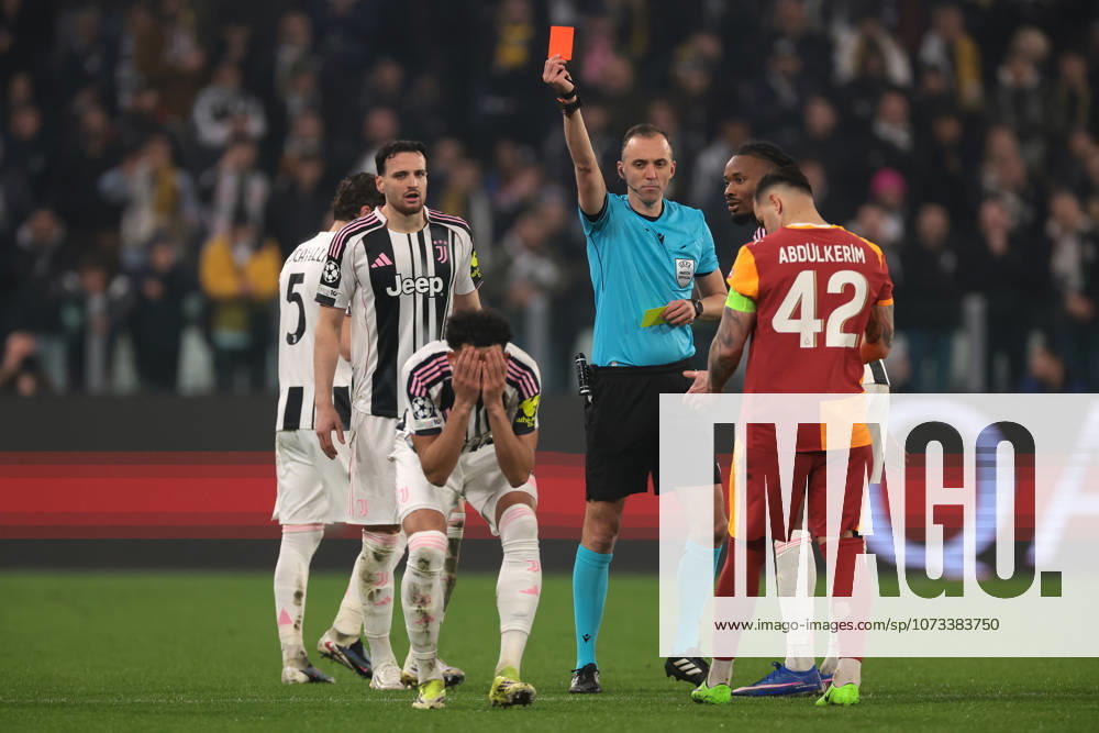Turin, Italy, 25th February 2026. Lloyd Kelly of Juventus reacts as he is shown a red card by the Referee Joao Pinheiro of Portugal during the Juventus vs Galatasaray UEFA Champions League Knockout Play Off 2nd Leg match at Allianz Stadium, Turin. Picture credit should read: Jonathan Moscrop Sportimage . SPI_120_JUVE_GALATASARAY_UCL_ SPI-4551-0120