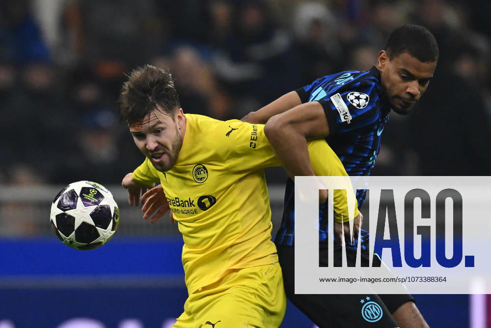 FC Internazionale Milano v FK Bodo Glimt - UEFA Champions League 2025 26 League Knockout Play-off First Leg Fredrik Andre Bjorkan of FK Bodo Glimt and Andy Diouf of F.C. Inter are in action during the UEFA Champions League 2025 26 League Knockout Play-off Second Leg match between F.C. Inter and FK Bodo Glimt at the San Siro Stadium on February 24, 2026 in Milan, Italy. Milan Italy