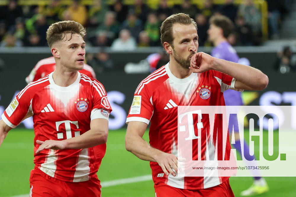 1 Bundesliga Borussia Dortmund FC Bayern Munich on 28 02 2026 at Signal Iduna Park in Dortmund Cheering, goal celebration, goal scorer Harry Kane Muenchen 9 celebrates after his goal to make it 1 - 2 with Joshua Kimmich Muenchen 6 MH
