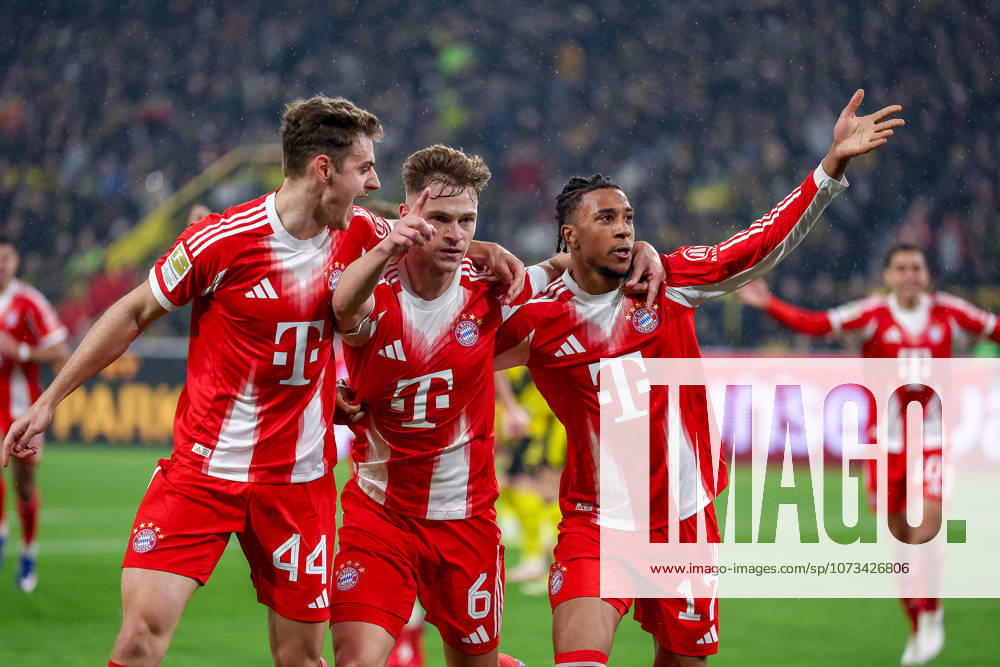 Soccer, Borussia Dortmund FC Bayern München, 1 Soccer Bundesliga, 24 Matchday, Signal Iduna Park, Season 2025 2026 Goal celebration after the goal to 3 2 by scorer Joshua Kimmich FC Bayern Muenchen 06 together with Michael Olise FC Bayern Muenchen 17 and Josip Stanisic FC Bayern Muenchen 44 DFB regulations prohibit any use of photographs as image sequences and or quasi video Nordrhein Westfalen Germany