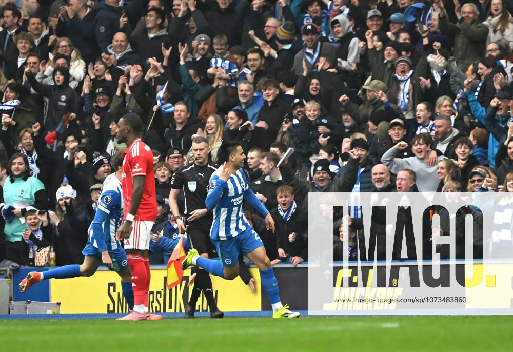 Diego Gomez of Brighton celebrates after scoring the opener during the Premier League match between Brighton and Hove Albion and Nottingham Forest at the American Express Stadium, Brighton UK - Sunday 1st March 2026 Brighton v Nottingham Forest Premier League Football, Amex Stadium, Sussex, UK - 01 Mar 2026Brighton Amex Stadium Sussex United Kingdom Editorial use only. No merchandising. For Football images FA and Premier League restrictions apply inc. no internet mobile usage without FAPL license - for details contact Football Dataco