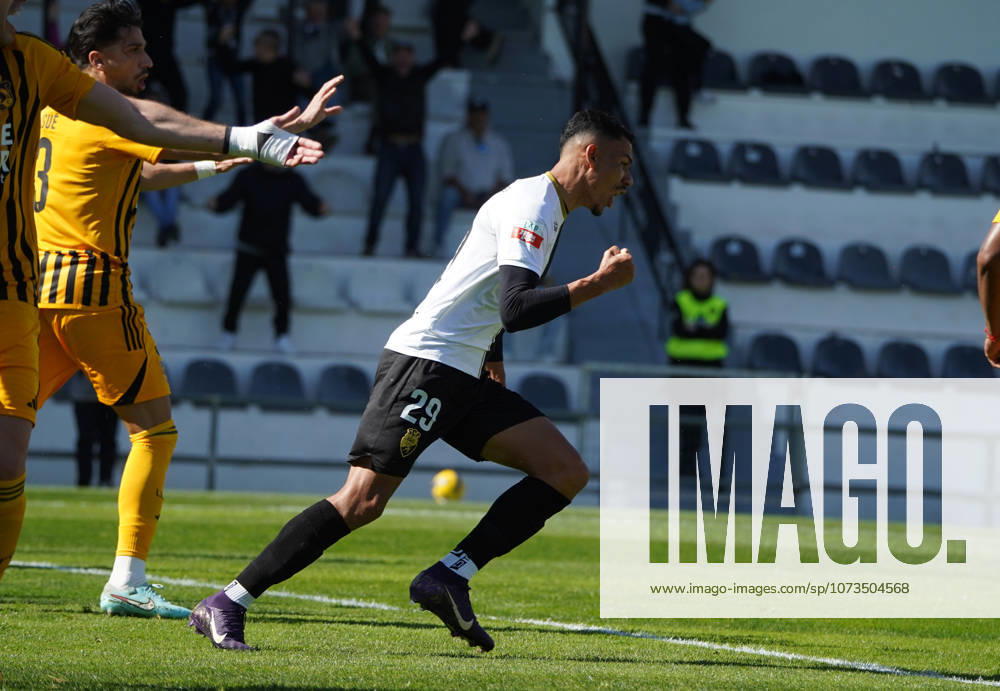 Liga Portugal 2 Meu Super Round 24 football match between SC Farense and Lusitania Lourosa FC, Faro, Portugal Faro, Portugal. 1 st Mar, 2026. Claudio Falcao SC Farense player, celebrating the first goal of the match for his team, during the SC Farense 2 - 1 Lusitano Lourosa FC Round 24 match for the football Liga Portugal 2 Meu Super. Nuno Pires Veloso Alamy Live News.