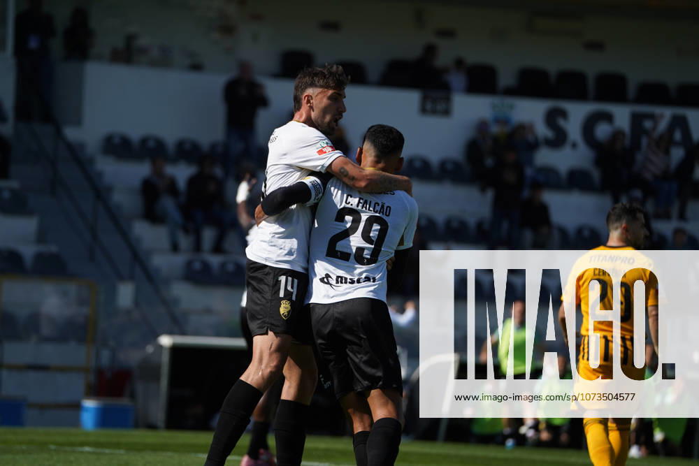 Liga Portugal 2 Meu Super Round 24 football match between SC Farense and Lusitania Lourosa FC, Faro, Portugal Faro, Portugal. 1 st Mar, 2026. Claudio Falcao SC Farense player, celebrating with Dario Poveda the first goal of the match for his team, during the SC Farense 2 - 1 Lusitano Lourosa FC Round 24 match for the football Liga Portugal 2 Meu Super. Nuno Pires Veloso Alamy Live News.