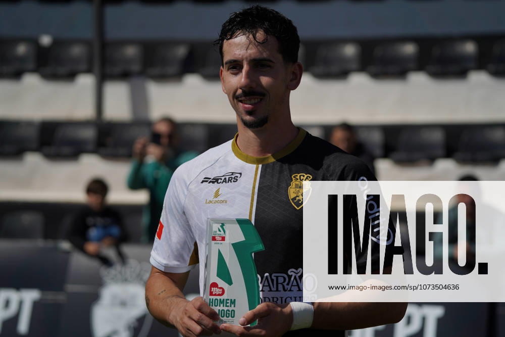 Liga Portugal 2 Meu Super Round 24 football match between SC Farense and Lusitania Lourosa FC, Faro, Portugal Faro, Portugal. 1 st Mar, 2026. Andre Candeias, SC Farense player that scored the winning goal, awarded the man of the match in the end of the SC Farense 2 - 1 Lusitano Lourosa FC Round 24 match for the football Liga Portugal 2 Meu Super. Nuno Pires Veloso Alamy Live News