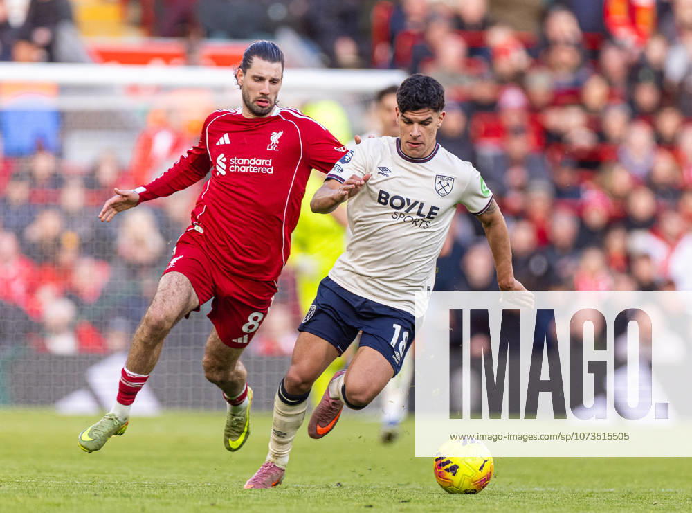 (260301) -- LIVERPOOL, March 1, 2026 () -- Liverpool s Dominik Szoboszlai (L) vies with West Ham United s Mateus Fernandes during the English Premier League match between Liverpool and West Ham United in Liverpool, Britain, on Feb. 28, 2026. () FOR . NOT FOR SALE FOR MARKETING OR ADVERTISING CAMPAIGNS. NO USE WITH UNAUTHORIZED AUDIO, VIDEO, DATA, FIXTURE LISTS, CLUB LEAGUE LOGOS OR LIVE SERVICES. ONLINE IN-MATCH USE LIMITED TO 45 IMAGES, NO VIDEO EMULATION. NO USE IN BETTING, GAMES OR SINGLE CLUB LEAGUE PLAYER PUBLICATIONS. (SP)BRITAIN-LIVERPOOL-FOOTBALL-PREMIER LEAGUE-LIVERPOOL VS WEST HAM UNITED Xinhua