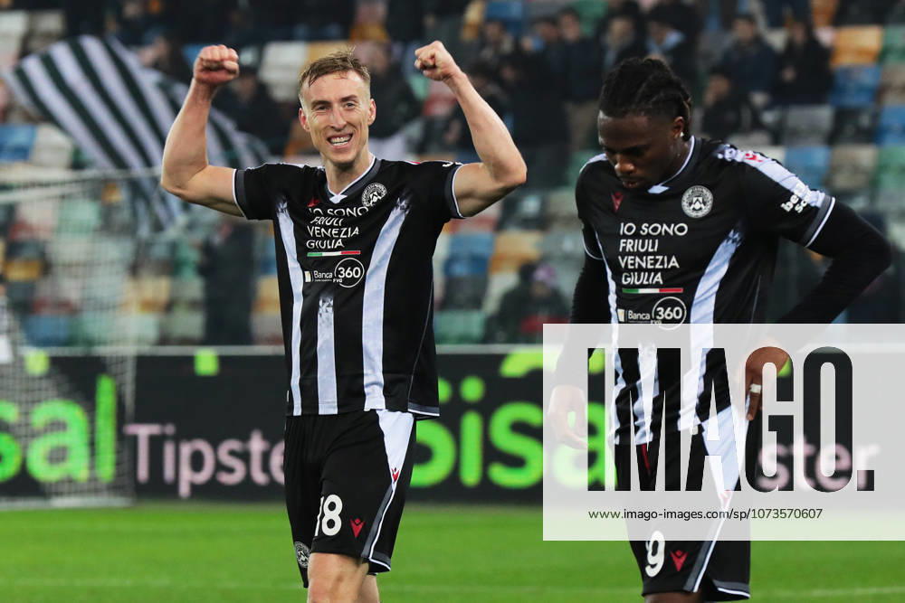 UdineseÕs Adam Buksa celebrates after scoring the 3-0 goal for his team during the Serie A soccer match between Udinese and Fiorentina at the Bluenergy Stadium in Udine, north east Italy - Monday, March 2,2026 - soccer