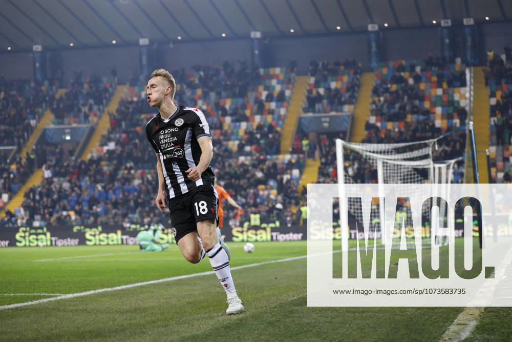 Udinese s Adam Buksa celebrates after scoring a goal during the Italian Serie A Enilive match between Udinese Calcio vs ACF Fiorentina at the Bluenergy Stadium in Udinese, Italy
