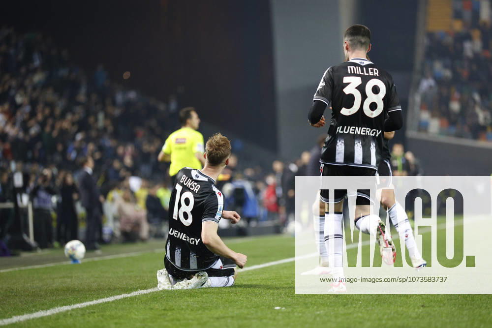Udinese s Adam Buksa celebrates after scoring a goal during the Italian Serie A Enilive match between Udinese Calcio vs ACF Fiorentina at the Bluenergy Stadium in Udinese, Italy